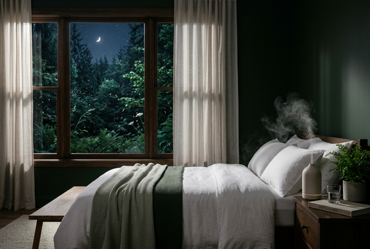 Calm bedroom at night with fresh bedding and a window onto trees