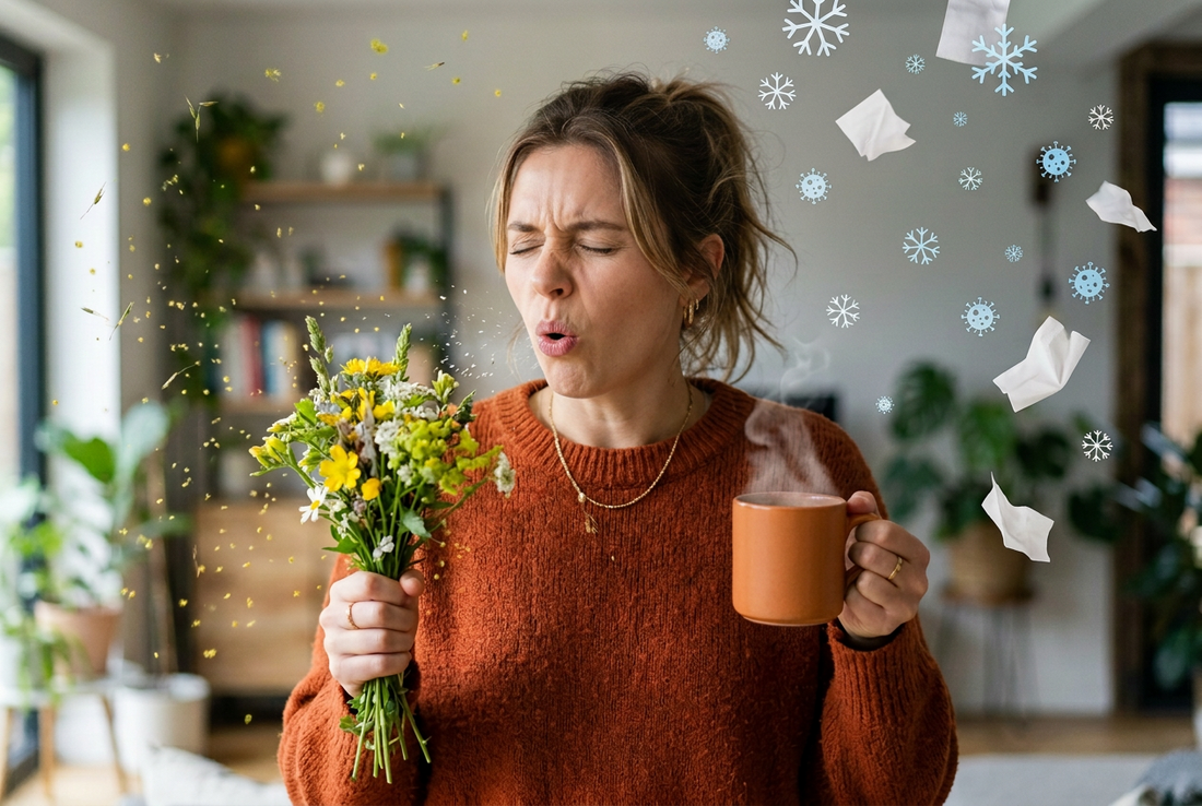 Woman sneezing while holding wildflowers and a hot drink