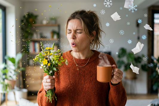 Woman sneezing while holding wildflowers and a hot drink