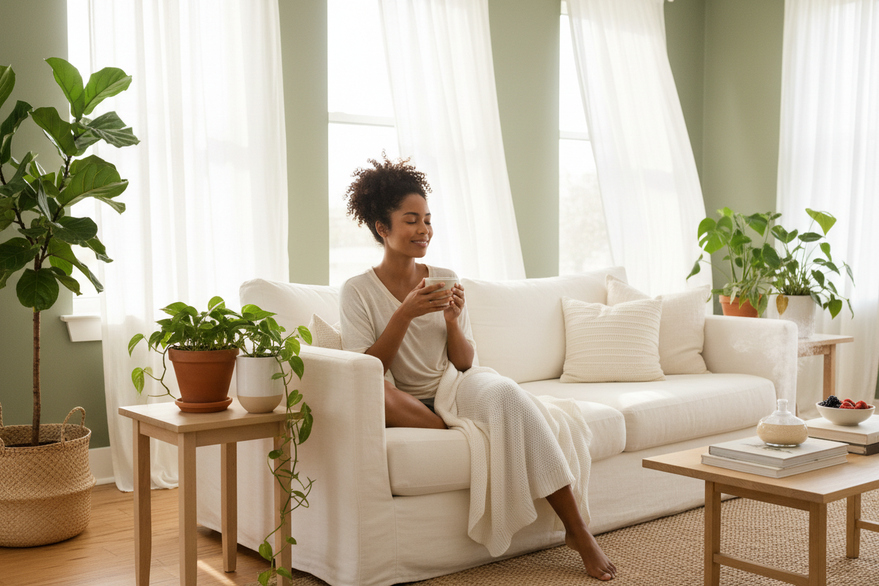 Woman relaxing at home with a warm drink, part of an everyday wellness routine