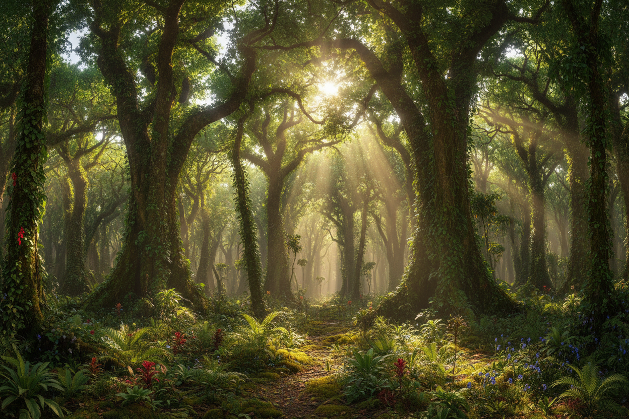 Sunlight through a West African forest canopy, home to the Funtumia elastica tree used in Respa Gold Capsules